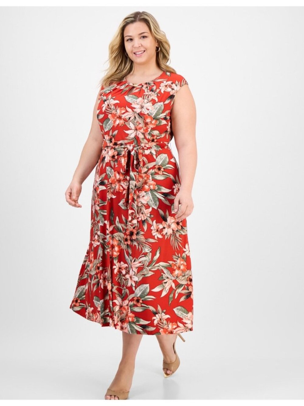 Kasper Womens Plus Size Red Floral Sleeveless Midi Dress With Tie Waist